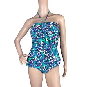 Converse One Star Women Blue Green Feather Print Halter Tankini Swimsuit Top XL